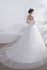 Ivory Wedding Dress Lace Applique Illusion Sweetheart Sexy Backless Half Sleeve A-line Chapel Train Bridal Dress-Dbrbridal