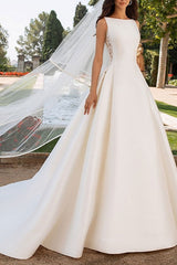 Ivory Wedding Dresses A-line With Chapel Train Sleeveless Lace High Collar Bridal Gowns-Dbrbridal