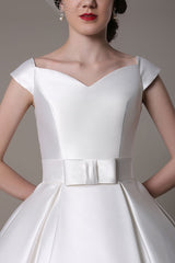 Ivory Wedding Dresses Short Satin Knee Length Bow Sash Retro Bridal Dress Exclusive-Dbrbridal