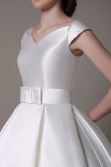 Ivory Wedding Dresses Short Satin Knee Length Bow Sash Retro Bridal Dress Exclusive-Dbrbridal