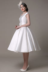 Ivory Wedding Dresses Short Satin Knee Length Bow Sash Retro Bridal Dress Exclusive-Dbrbridal