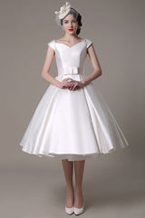 Ivory Wedding Dresses Short Satin Knee Length Bow Sash Retro Bridal Dress Exclusive-Dbrbridal