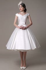 Ivory Wedding Dresses Short Satin Knee Length Bow Sash Retro Bridal Dress Exclusive-Dbrbridal