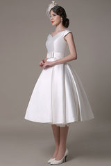 Ivory Wedding Dresses Short Satin Knee Length Bow Sash Retro Bridal Dress Exclusive-Dbrbridal