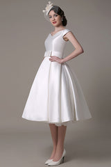Ivory Wedding Dresses Short Satin Knee Length Bow Sash Retro Bridal Dress Exclusive-Dbrbridal