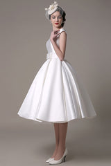 Ivory Wedding Dresses Short Satin Knee Length Bow Sash Retro Bridal Dress Exclusive-Dbrbridal