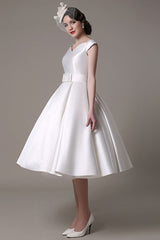 Ivory Wedding Dresses Short Satin Knee Length Bow Sash Retro Bridal Dress Exclusive-Dbrbridal