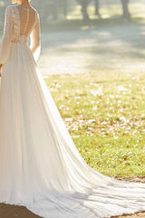 Ivory Wedding Dresses With Court Train A-line Long Sleeves Lace Chic V-Neck Bridal Gowns-Dbrbridal