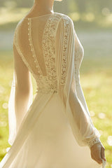 Ivory Wedding Dresses With Court Train A-line Long Sleeves Lace Chic V-Neck Bridal Gowns-Dbrbridal