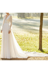 Ivory Wedding Dresses With Court Train A-line Long Sleeves Lace Chic V-Neck Bridal Gowns-Dbrbridal