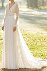 Ivory Wedding Dresses With Court Train A-line Long Sleeves Lace Chic V-Neck Bridal Gowns-Dbrbridal
