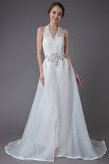 Ivory Wedding Jumpsuits Halter Chic V-Neck Rhinestones Sexy Backless Culottes Bridal Dress Exclusive-Dbrbridal