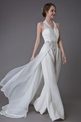Ivory Wedding Jumpsuits Halter Chic V-Neck Rhinestones Sexy Backless Culottes Bridal Dress Exclusive-Dbrbridal