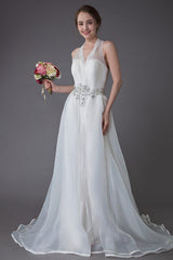 Ivory Wedding Jumpsuits Halter Chic V-Neck Rhinestones Sexy Backless Culottes Bridal Dress Exclusive-Dbrbridal
