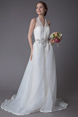 Ivory Wedding Jumpsuits Halter Chic V-Neck Rhinestones Sexy Backless Culottes Bridal Dress Exclusive-Dbrbridal