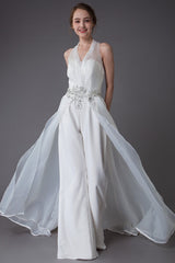 Ivory Wedding Jumpsuits Halter Chic V-Neck Rhinestones Sexy Backless Culottes Bridal Dress Exclusive-Dbrbridal