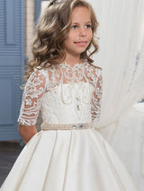 Jewel Neck Half Sleeves Studded Kids Formal Party Dresses-Dbrbridal