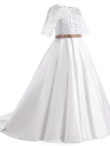 Jewel Neck Half Sleeves Studded Kids Formal Party Dresses-Dbrbridal