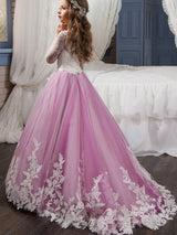 Jewel Neck Lace Long Sleeves Ankle Length Ball Gown Embroidered Kids Pageant flower girl dresses-Dbrbridal