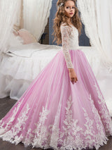 Jewel Neck Lace Long Sleeves Ankle Length Ball Gown Embroidered Kids Pageant flower girl dresses-Dbrbridal