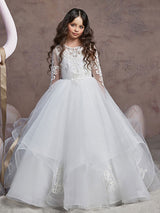 Jewel Neck Lace Long Sleeves Floor-Length Princess Embroidered Kids Party Dresses-Dbrbridal