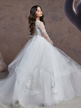 Jewel Neck Lace Long Sleeves Floor-Length Princess Embroidered Kids Party Dresses-Dbrbridal