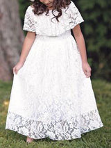 Jewel Neck Lace Short Sleeves Ankle Length A-line Pleated Pageant flower girl dresses-Dbrbridal