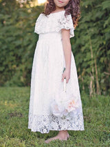 Jewel Neck Lace Short Sleeves Ankle Length A-line Pleated Pageant flower girl dresses-Dbrbridal