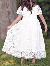 Jewel Neck Lace Short Sleeves Ankle Length A-line Pleated Pageant flower girl dresses-Dbrbridal