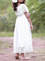 Jewel Neck Lace Short Sleeves Ankle Length A-line Pleated Pageant flower girl dresses-Dbrbridal