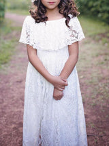 Jewel Neck Lace Short Sleeves Ankle Length A-line Pleated Pageant flower girl dresses-Dbrbridal