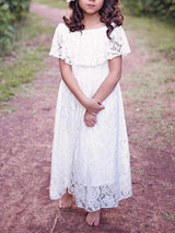 Jewel Neck Lace Short Sleeves Ankle Length A-line Pleated Pageant flower girl dresses-Dbrbridal