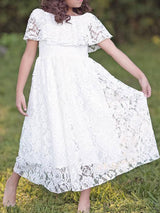Jewel Neck Lace Short Sleeves Ankle Length A-line Pleated Pageant flower girl dresses-Dbrbridal