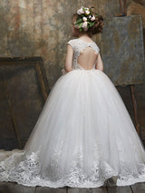 Jewel Neck Lace Short Sleeves Floor-Length Princess Embroidered Formal Kids Pageant flower girl dresses-Dbrbridal