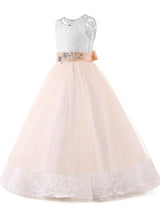 Jewel Neck Lace Sleeveless Ankle Length Ball Gown Studded Kids Pageant flower girl dresses-Dbrbridal