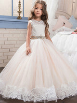 Jewel Neck Lace Sleeveless Ankle Length Ball Gown Studded Kids Pageant flower girl dresses-Dbrbridal