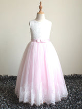 Jewel Neck Lace Sleeveless Ankle-Length Princess Bows Kids Social Pageant Dresses-Dbrbridal