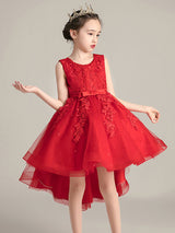 Jewel Neck Lace Sleeveless Short A-Line Bows Red Kids Social Party Dresses-Dbrbridal