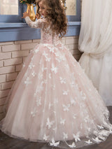 Jewel Neck Long Sleeves Butterfly Formal Kids Princess flower girl dress-Dbrbridal