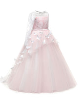 Jewel Neck Long Sleeves Butterfly Formal Kids Princess flower girl dress-Dbrbridal