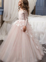Jewel Neck Long Sleeves Butterfly Formal Kids Princess flower girl dress-Dbrbridal