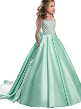 Jewel Neck Long Sleeves Buttons Formal Kids Pageant flower girl dresses-Dbrbridal