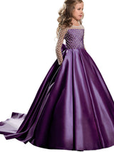 Jewel Neck Long Sleeves Buttons Formal Kids Pageant flower girl dresses-Dbrbridal