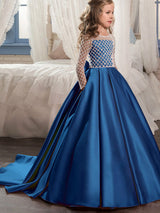 Jewel Neck Long Sleeves Buttons Formal Kids Pageant flower girl dresses-Dbrbridal