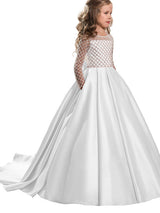 Jewel Neck Long Sleeves Buttons Formal Kids Pageant flower girl dresses-Dbrbridal