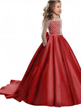 Jewel Neck Long Sleeves Buttons Formal Kids Pageant flower girl dresses-Dbrbridal