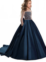 Jewel Neck Long Sleeves Buttons Formal Kids Pageant flower girl dresses-Dbrbridal