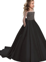 Jewel Neck Long Sleeves Buttons Formal Kids Pageant flower girl dresses-Dbrbridal