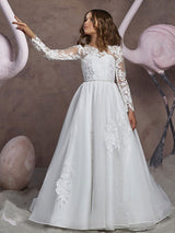 Jewel Neck Long Sleeves Embroidered Kids Party Dresses-Dbrbridal