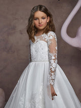 Jewel Neck Long Sleeves Embroidered Kids Party Dresses-Dbrbridal